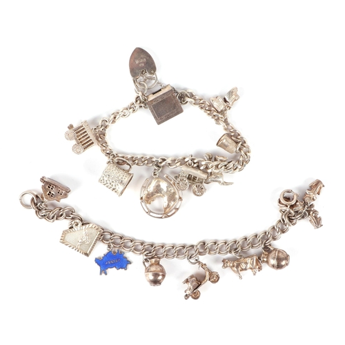 640 - Two silver charm bracelets; together with a silver bangle; two silver rings and a silver necklace, 1... 