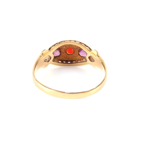 665 - An Edwardian 18ct gold three-stone ruby ring, approx UK size M, 2g.