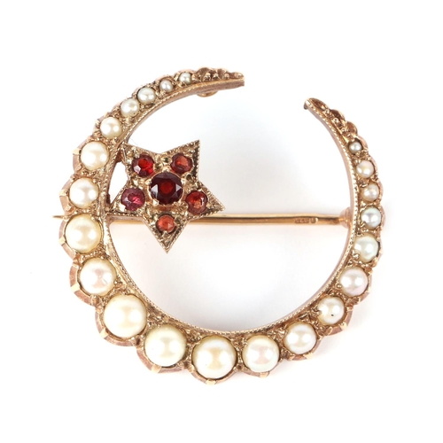 666 - A 9ct gold pearl and garnet set crescent and star brooch; together with a 9ct gold pearl brooch and ... 