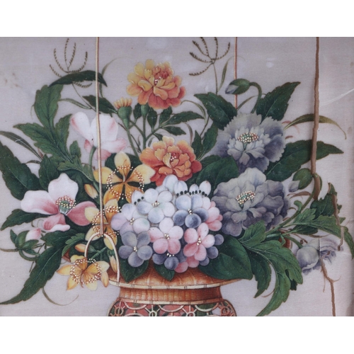 702 - Chinese school - Flowers in a Hanging Basket - watercolour & gouache on pith paper, 18 by 26cms, fra... 