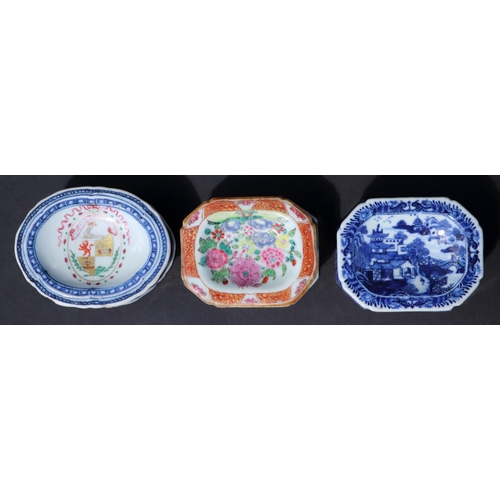 727 - Three 18th century Chinese porcelain salts, one decorated with an armorial, a Canton famille rose ex... 