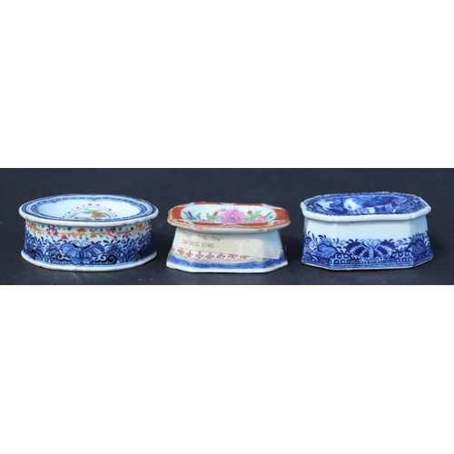 727 - Three 18th century Chinese porcelain salts, one decorated with an armorial, a Canton famille rose ex... 