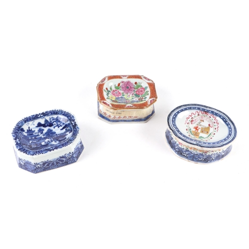 727 - Three 18th century Chinese porcelain salts, one decorated with an armorial, a Canton famille rose ex... 