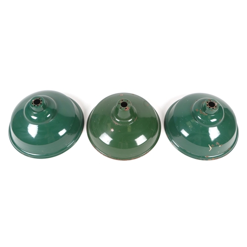 781 - Three industrial green enamel light shades, each 36cms diameter (3).