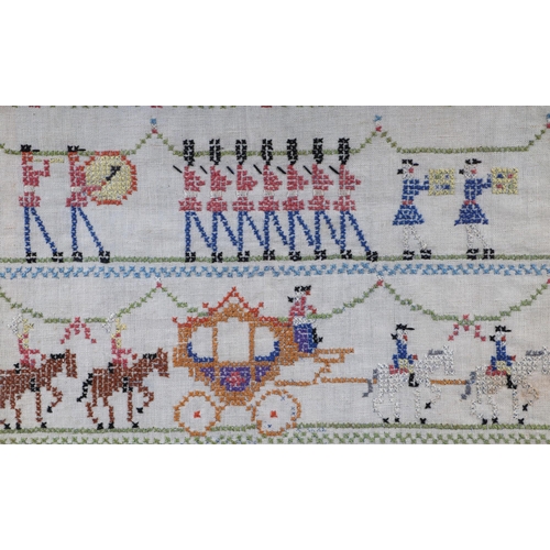 79 - A George VI sampler depicting the Stage Coach Marching Band, dated crowned May 12th 1937, 27 by 35cm... 