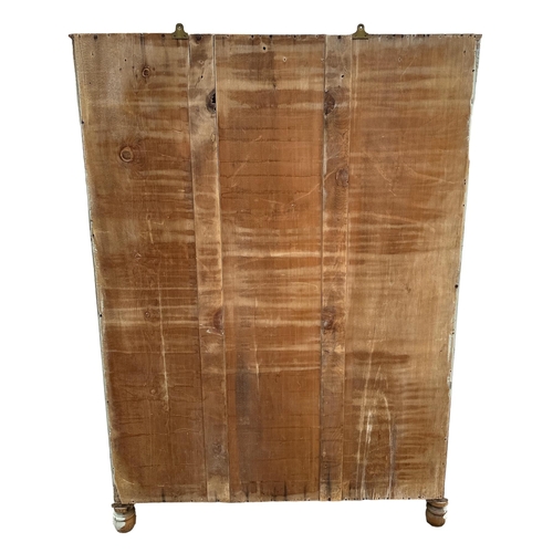 801 - A distressed painted pine hall cupboard, 134cms wide, 30cms deep by 187cms high.