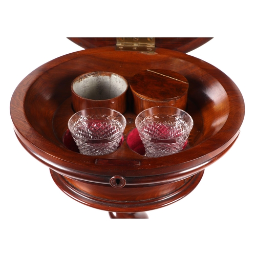 814 - A Victorian burr walnut teapoy, the circular top enclosing a fitted interior, on barleytwist column ... 