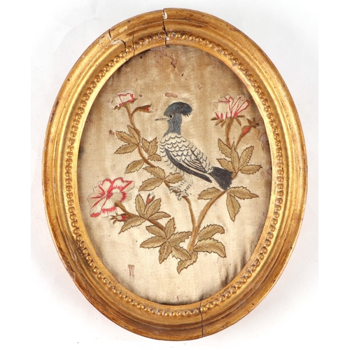 82 - Three early 19th century oval silkwork needlework pictures depicting birds by Susannah Cleeveland, w... 