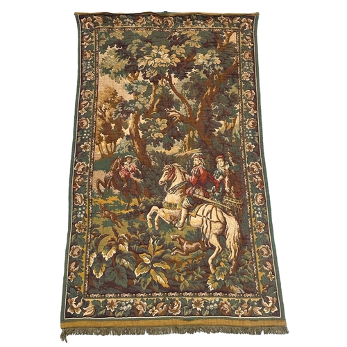 83 - A large Belgium tapestry depicting a medieval hunting scene, 185 by 112cms.