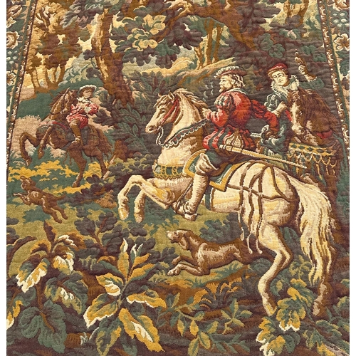 83 - A large Belgium tapestry depicting a medieval hunting scene, 185 by 112cms.