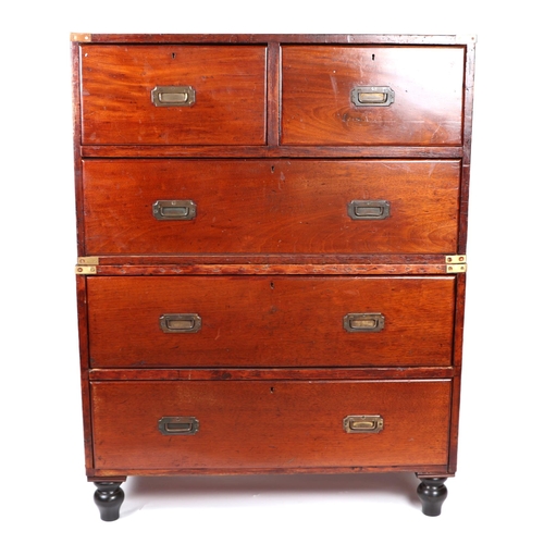 843 - A late 19th century Campaign chest of two parts, both mahogany fronts with recessed brass handles, t... 