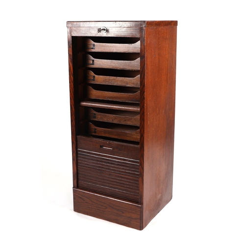 844 - An early 20th century oak tambour fronted filing cabinet with ten internal drawers, 48cms wide.