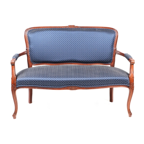 851 - A modern Louis XVI style upholstered settee with serpentine front and carved show wood cabriole fron... 