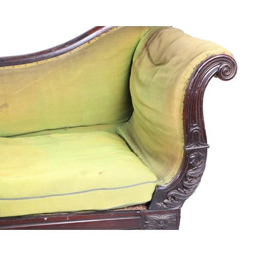 856 - A William IV upholstered scroll arm chaise longue with carved walnut show wood, approx 174cms long.C... 