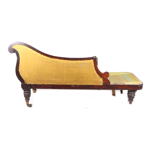 856 - A William IV upholstered scroll arm chaise longue with carved walnut show wood, approx 174cms long.C... 