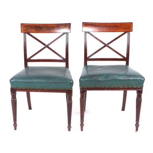 866 - A set of seven William IV mahogany and inlaid dining chairs with 'X' back stretchers, overstuffed le... 