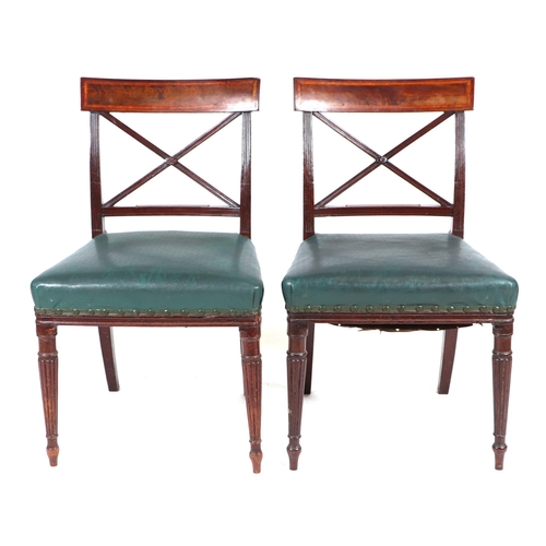 866 - A set of seven William IV mahogany and inlaid dining chairs with 'X' back stretchers, overstuffed le... 