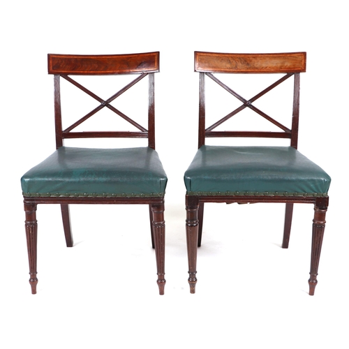 866 - A set of seven William IV mahogany and inlaid dining chairs with 'X' back stretchers, overstuffed le... 