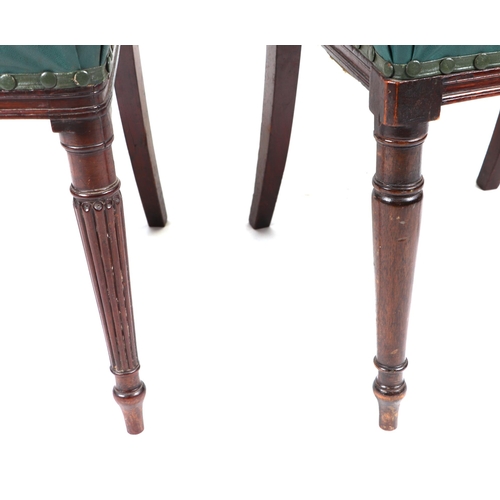 866 - A set of seven William IV mahogany and inlaid dining chairs with 'X' back stretchers, overstuffed le... 