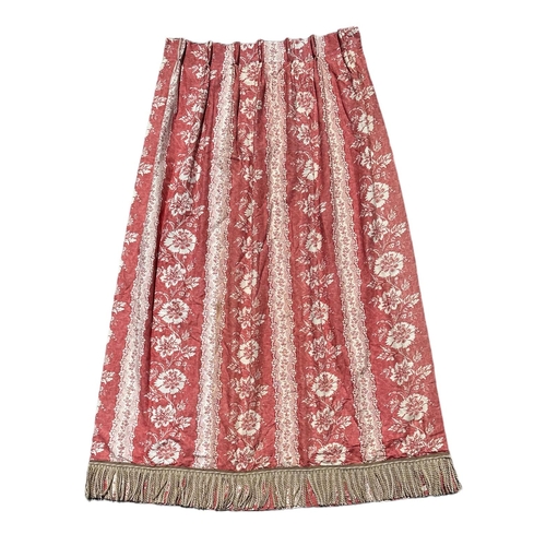 89 - Three interlined  pleated curtains decorated with flowers on a pale red ground, each curtain approx ... 