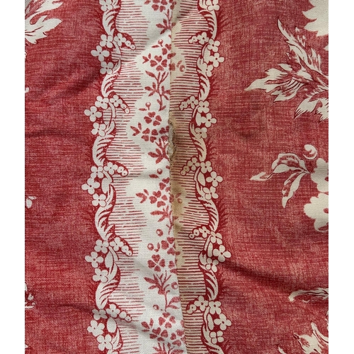 89 - Three interlined  pleated curtains decorated with flowers on a pale red ground, each curtain approx ... 