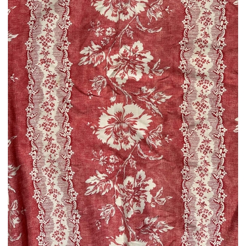 89 - Three interlined  pleated curtains decorated with flowers on a pale red ground, each curtain approx ... 