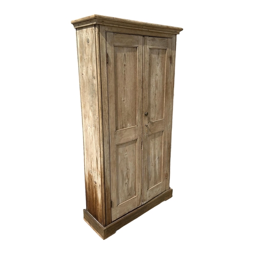 902 - A late Victorian pine larder cupboard, the moulded cornice above twin panelled doors, on a plinth ba... 