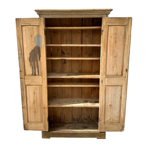 902 - A late Victorian pine larder cupboard, the moulded cornice above twin panelled doors, on a plinth ba... 