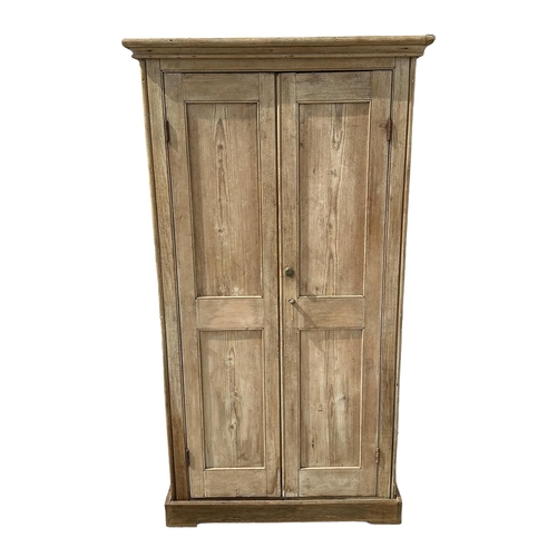 902 - A late Victorian pine larder cupboard, the moulded cornice above twin panelled doors, on a plinth ba... 