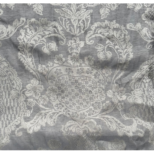 91 - Two pairs of good quality interlined curtains decorated with foliate scrolls on a grey ground, each ... 