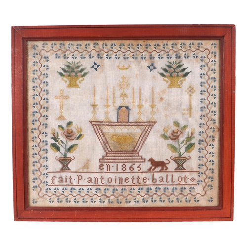 95 - A 19th century French sampler depicting a religious altar within a meandering foliate border by Anto... 