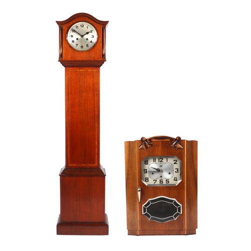 479 - An Edwardian inlaid mahogany grandmother clock, 134cms high; together with a French walnut cased Art... 