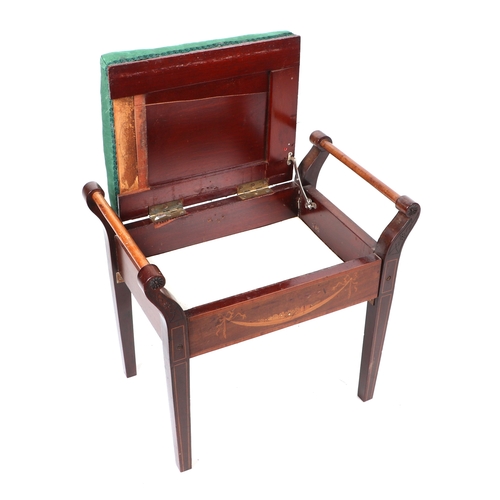 820 - An Edwardian rosewood box piano stool with inlaid decoration, 56cms wide.