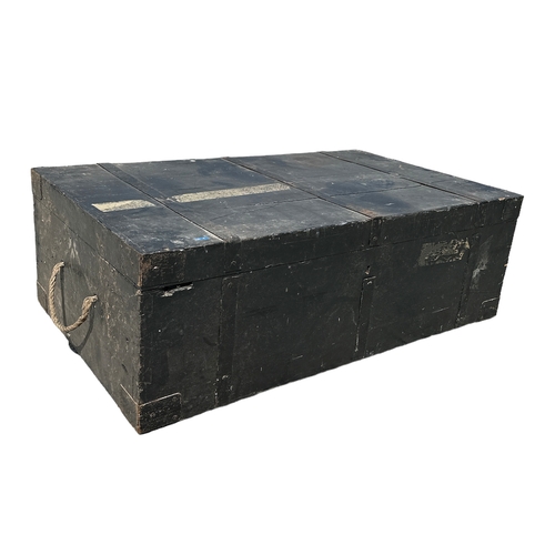 806 - A painted pine trunk with metal strapping, 96cms wide.