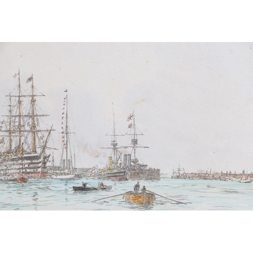 102 - After William Lionel Wyllie (British 1851-1931)- Portsmouth Harbour - hand coloured print, framed & ... 