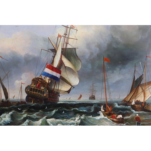 105 - In the manner of Abraham Storck - French Man-O-War in Rough Seas - oil on board, 39 by 29cms, framed... 