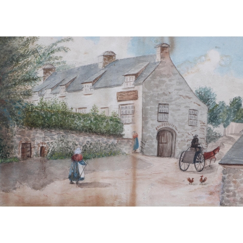 110 - Victorian school - Country Street Scene with Figures and chickens - watercolour, framed & glazed, 33... 