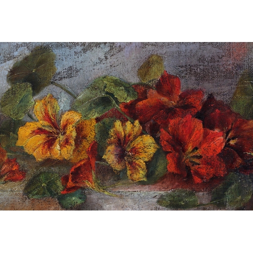 113 - Victorian school - Still Life of Nasturtiums - oil on canvas, framed, 40 by 20cms.