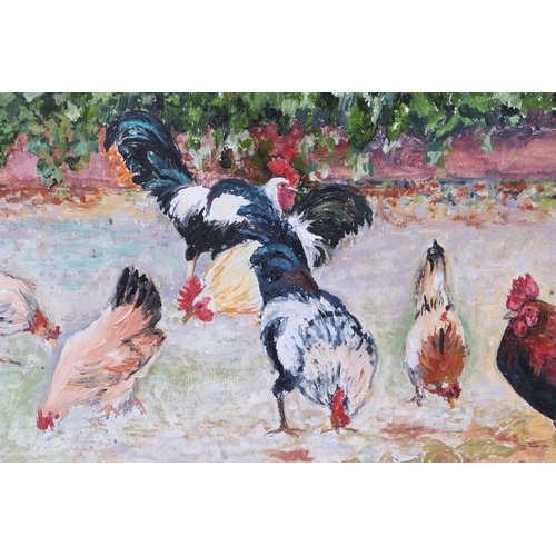 115 - Modern British - Chickens in a Farmyard - oil on board, framed, 30 by 22cms.