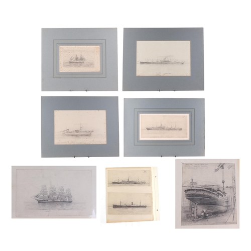 120 - Nautical interest:  John Brown - nautical pencil sketches of various ships including T.S.S. Rotorua,... 