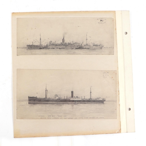 120 - Nautical interest:  John Brown - nautical pencil sketches of various ships including T.S.S. Rotorua,... 