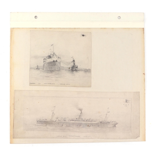 120 - Nautical interest:  John Brown - nautical pencil sketches of various ships including T.S.S. Rotorua,... 