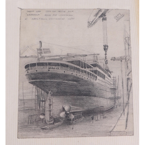 120 - Nautical interest:  John Brown - nautical pencil sketches of various ships including T.S.S. Rotorua,... 