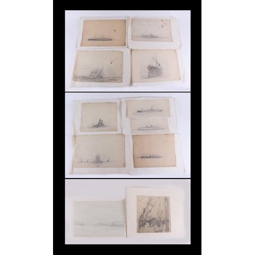 121 - Nautical interest:  A portfolio of nautical pencil sketches of various ships including U.S.S Utah, P... 