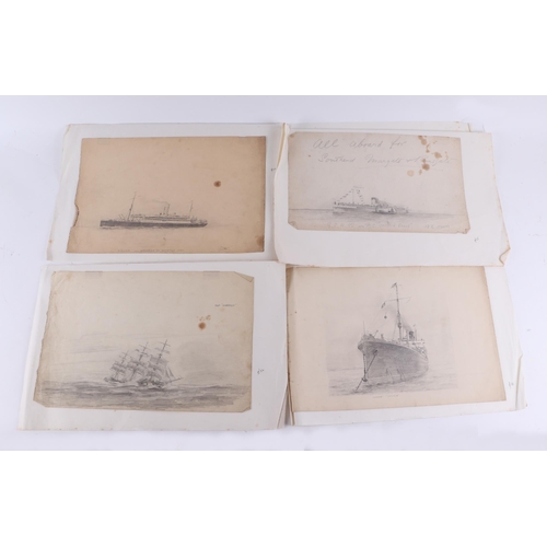 121 - Nautical interest:  A portfolio of nautical pencil sketches of various ships including U.S.S Utah, P... 