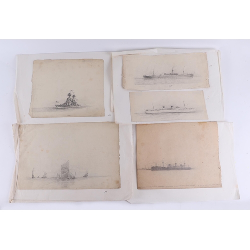 121 - Nautical interest:  A portfolio of nautical pencil sketches of various ships including U.S.S Utah, P... 