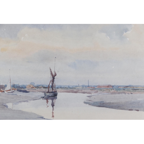 134 - A J Shone ? (modern British) - Estuary Scene with Moored Boats - watercolour, indistinctly signed lo... 