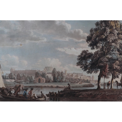 150 - An 18th century aquatint with fishermen in a punt in the foreground and buildings in the distance, 4... 