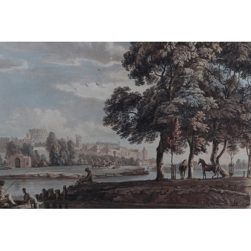 150 - An 18th century aquatint with fishermen in a punt in the foreground and buildings in the distance, 4... 