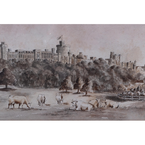 151 - Late 19th century Victorian school - Rural Landscape with Windsor Castle in the Distance and a Herd ... 